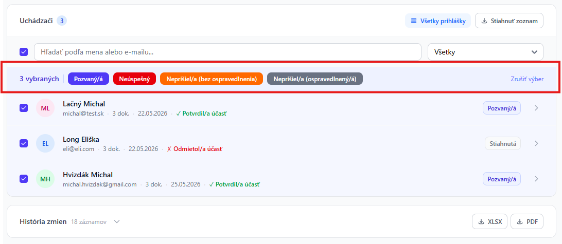 Hromadná zmena stavu uchádzačov