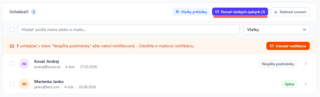 Pozvanie úplných uchádzačov